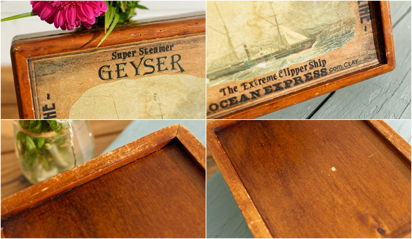 Vintage Wooden Decorative Keepsake Box Super Steamer Geyser Boston Line The Extreme Clipper ship Ocean Express
