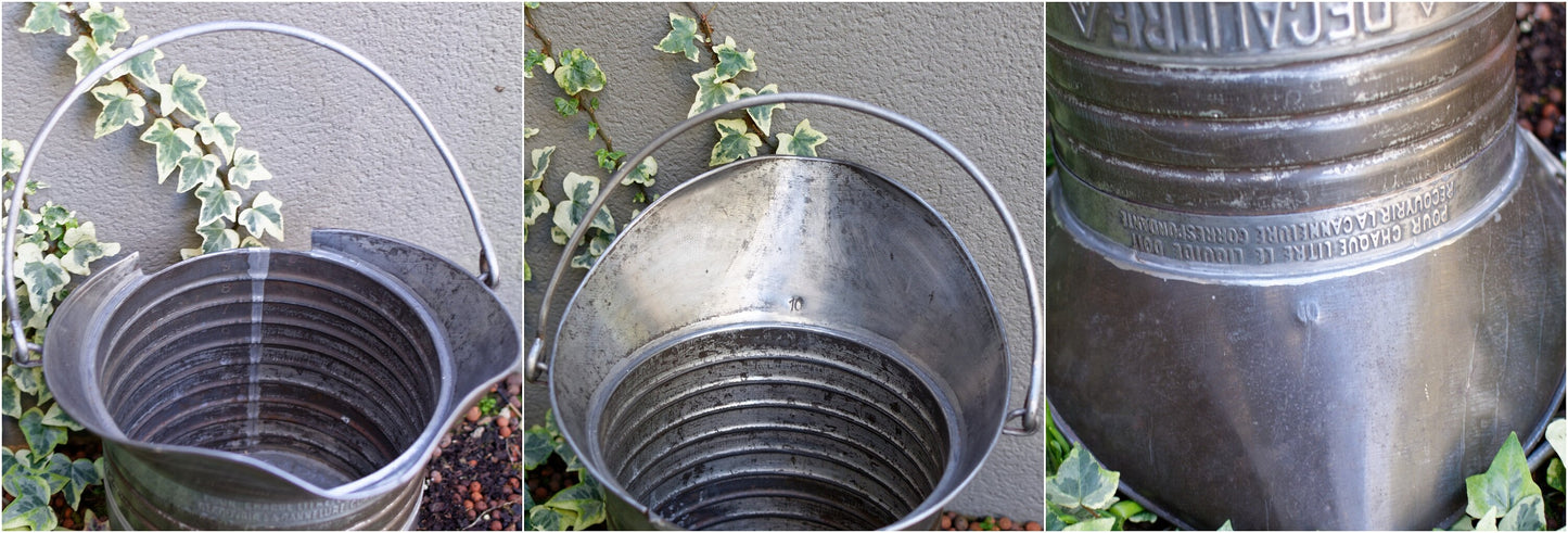 1920s ~ SEB Decalitre 10 Liters Liquid Measurer ~ French Antique Farmhouse Steel Measuring Bucket with Handle