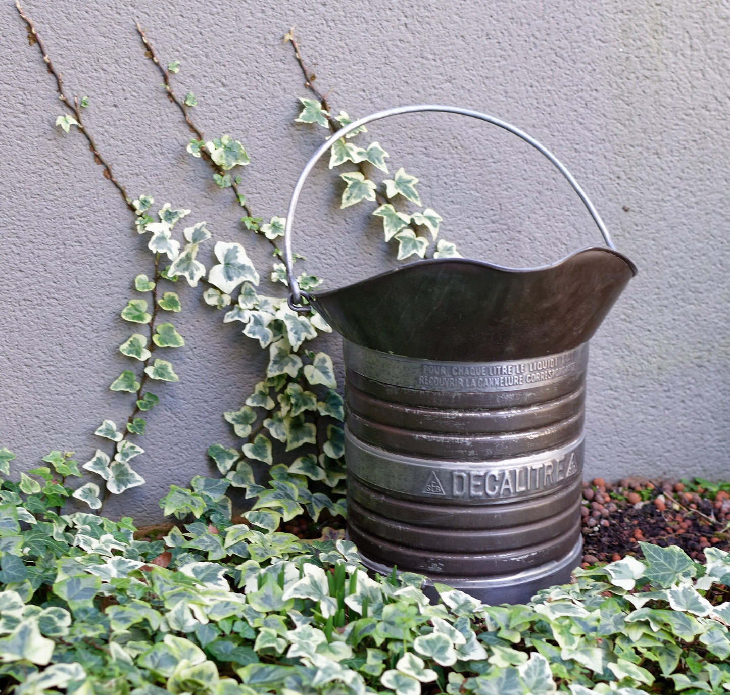 1920s ~ SEB Decalitre 10 Liters Liquid Measurer ~ French Antique Farmhouse Steel Measuring Bucket with Handle
