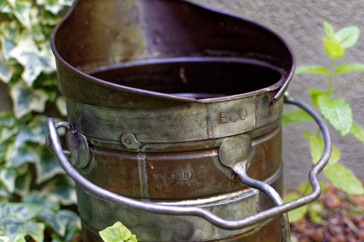 French Antique Metal Measuring Bucket Wine Cider Olive Oil Liquid Measurer EOC Demi Decalitre 1.3 gallons 5 liters Signed E.H.