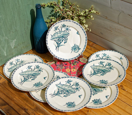 French Ironstone Blue Transferware Dinner Plate Ecran motif FT (Fenal Theophile) Badonviller France Terre de Fer