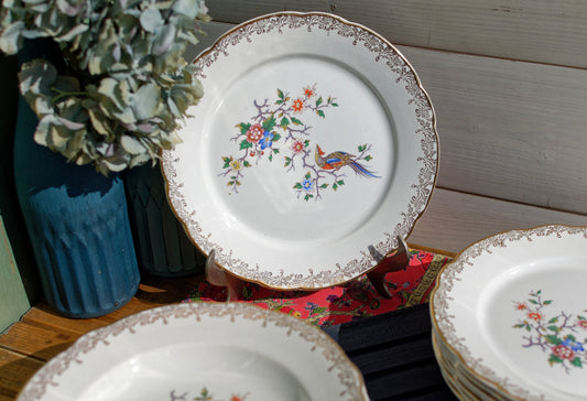 French Polychrome Silkscreen Porcelain Dinner Plate Réal OPALOR EXPORT Asiatique Bird of Paradise Motif