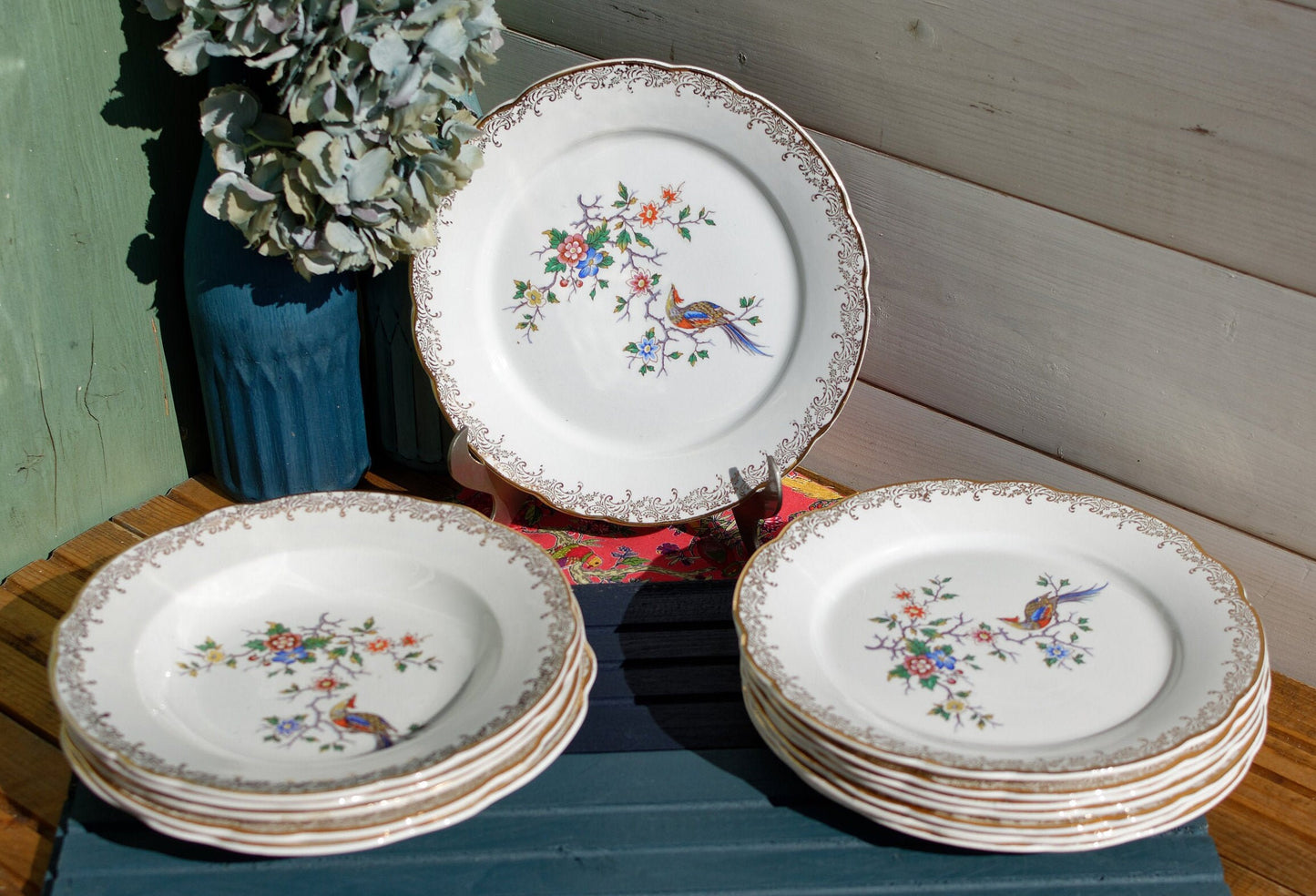 French Polychrome Silkscreen Porcelain Dinner Plate Réal OPALOR EXPORT Asiatique Bird of Paradise Motif