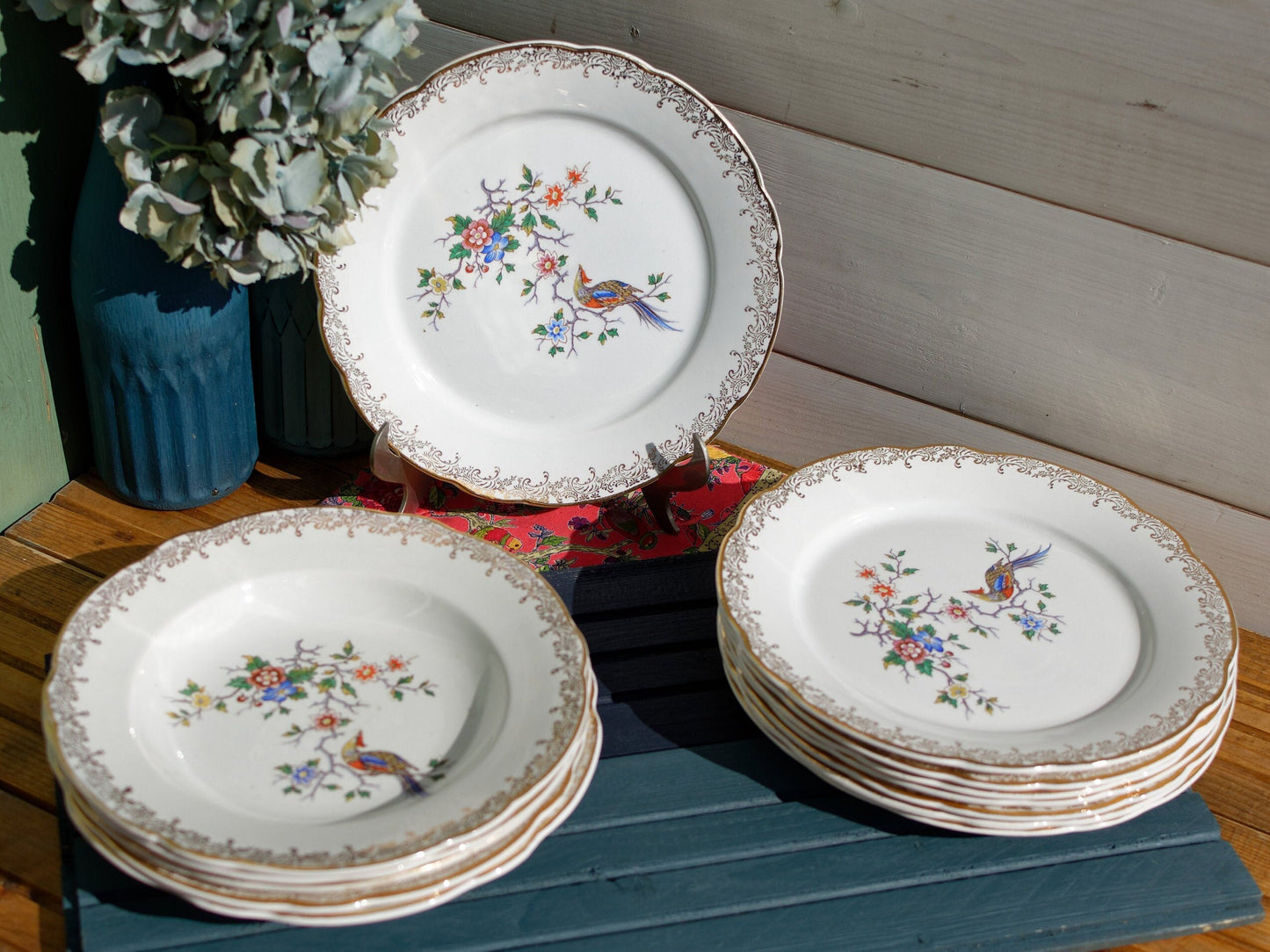 French Polychrome Silkscreen Porcelain Soup Plate Réal OPALOR EXPORT Asiatique Bird of Paradise Motif