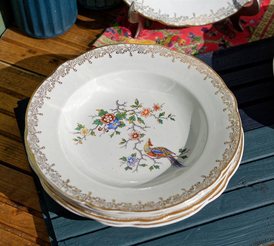 French Polychrome Silkscreen Porcelain Soup Plate Réal OPALOR EXPORT Asiatique Bird of Paradise Motif