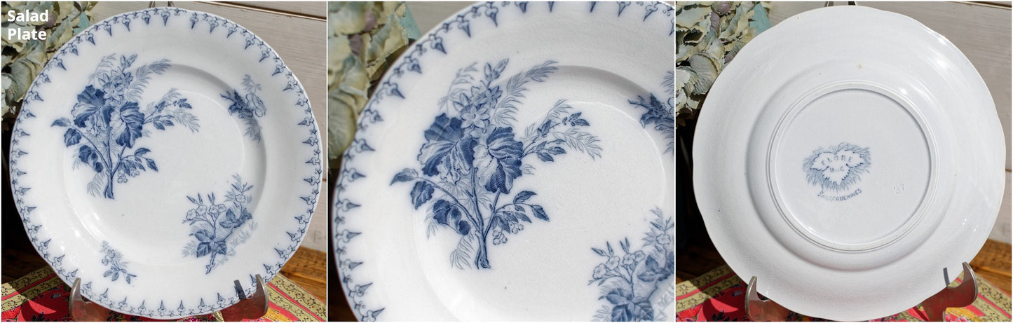 French Ironstone Blue Transferware Salad Plate FLORE Sarreguemines terre de fer
