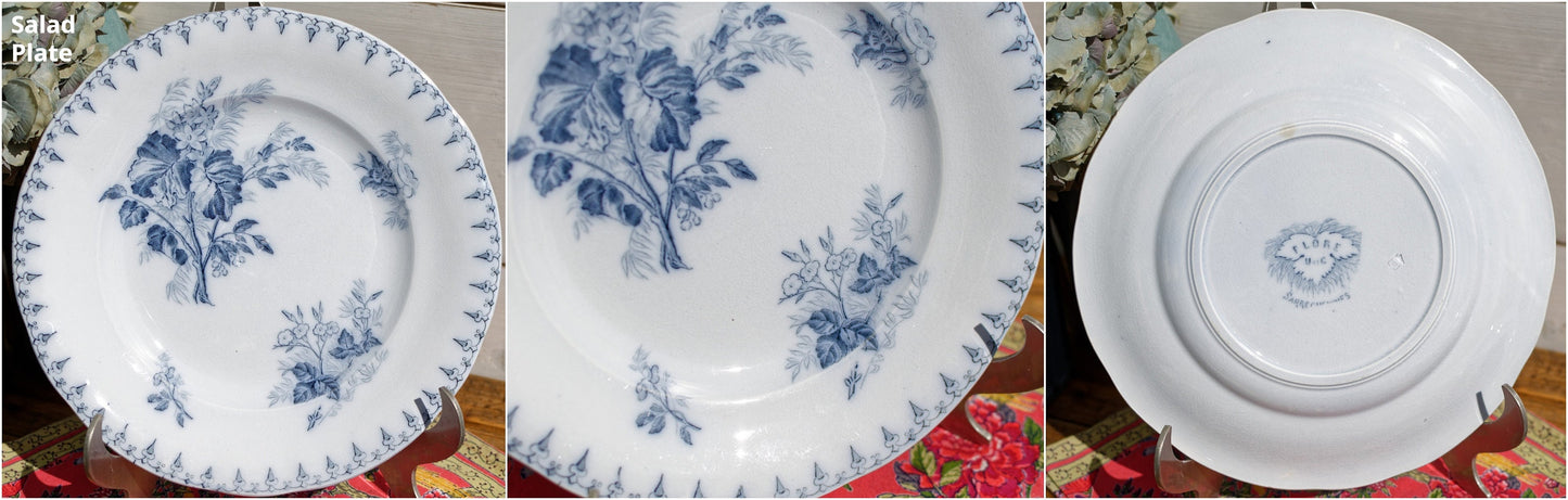 French Ironstone Blue Transferware Salad Plate FLORE Sarreguemines terre de fer