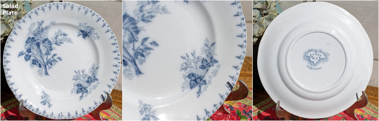 French Ironstone Blue Transferware Salad Plate FLORE Sarreguemines terre de fer