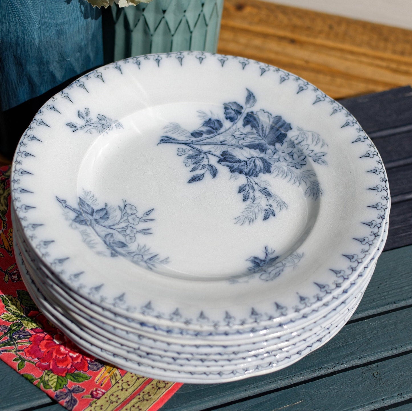 French Ironstone Blue Transferware Salad Plate FLORE Sarreguemines terre de fer