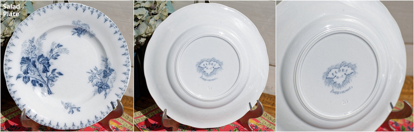 French Ironstone Blue Transferware Salad Plate FLORE Sarreguemines terre de fer