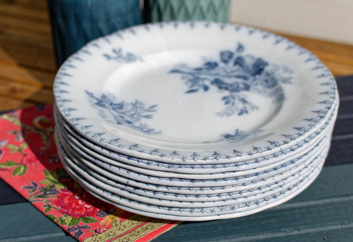 French Ironstone Blue Transferware Salad Plate FLORE Sarreguemines terre de fer