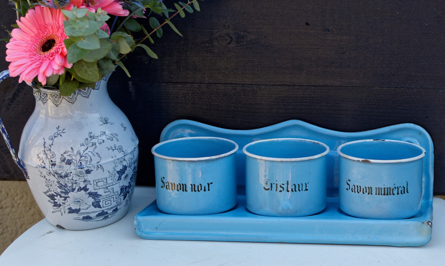 1930s ~ French Antique Enamel Laundry Soap Rack ~ Vintage Enamelware Laundry Caddy ~ Blue Enamel Hanging Soap Rack