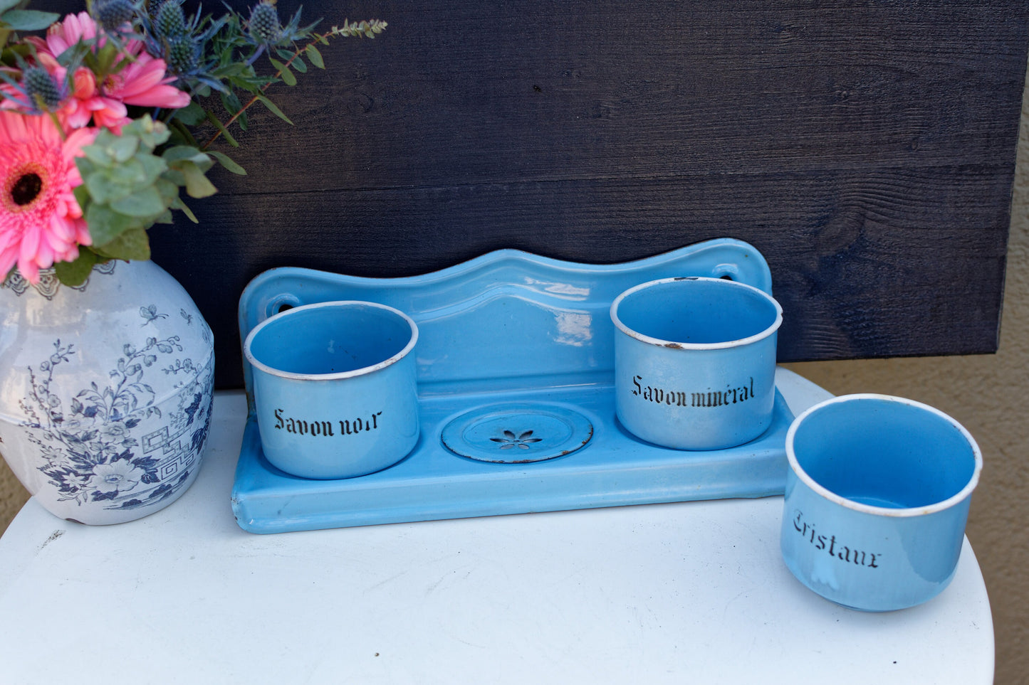 1930s ~ French Antique Enamel Laundry Soap Rack ~ Vintage Enamelware Laundry Caddy ~ Blue Enamel Hanging Soap Rack