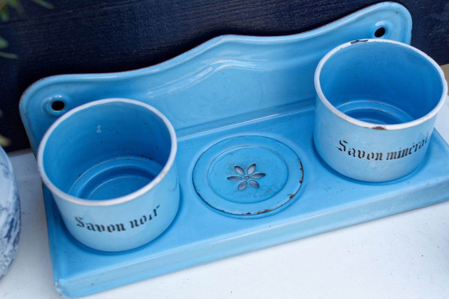 1930s ~ French Antique Enamel Laundry Soap Rack ~ Vintage Enamelware Laundry Caddy ~ Blue Enamel Hanging Soap Rack