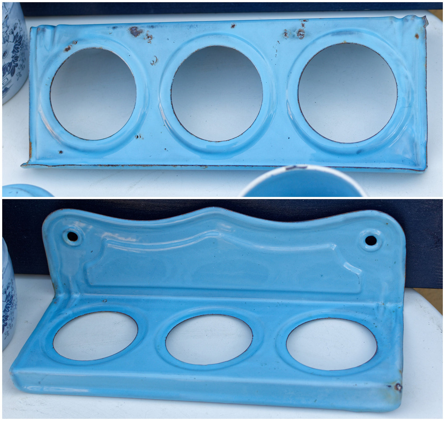 1930s ~ French Antique Enamel Laundry Soap Rack ~ Vintage Enamelware Laundry Caddy ~ Blue Enamel Hanging Soap Rack