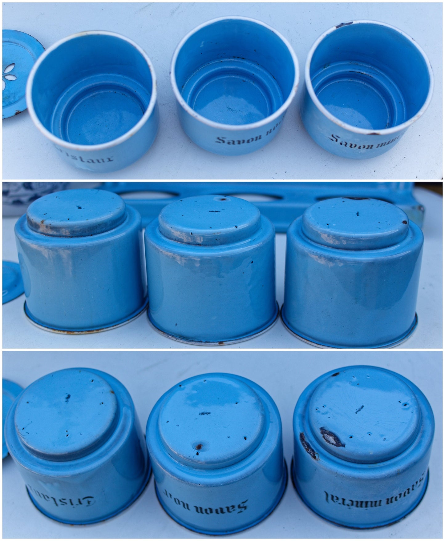 1930s ~ French Antique Enamel Laundry Soap Rack ~ Vintage Enamelware Laundry Caddy ~ Blue Enamel Hanging Soap Rack