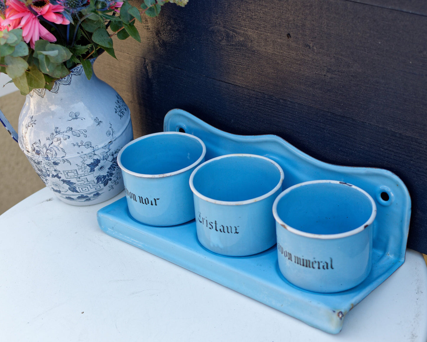 1930s ~ French Antique Enamel Laundry Soap Rack ~ Vintage Enamelware Laundry Caddy ~ Blue Enamel Hanging Soap Rack