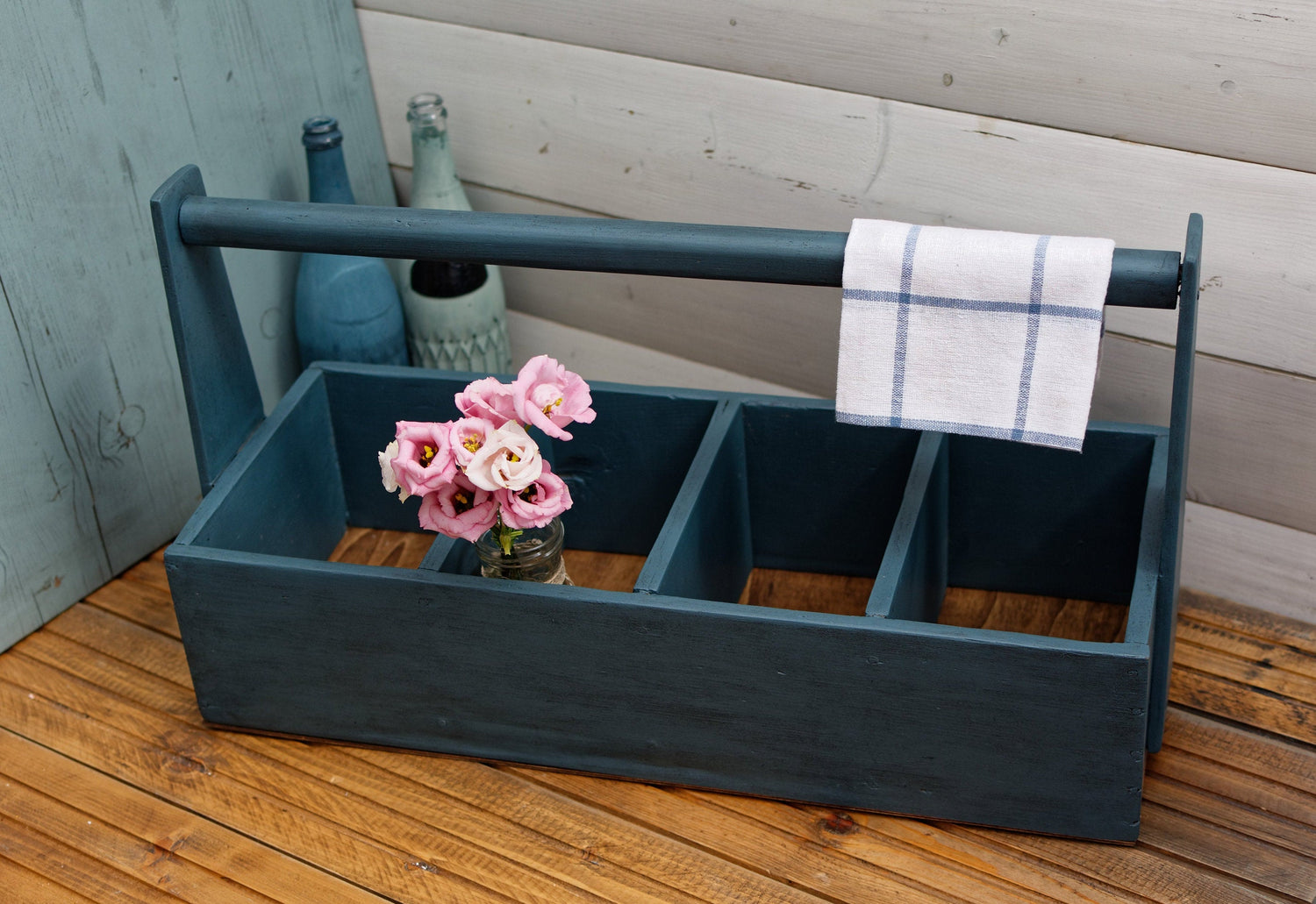 French Vintage Antique Rustic Farmhouse Wooden Storage Carrier