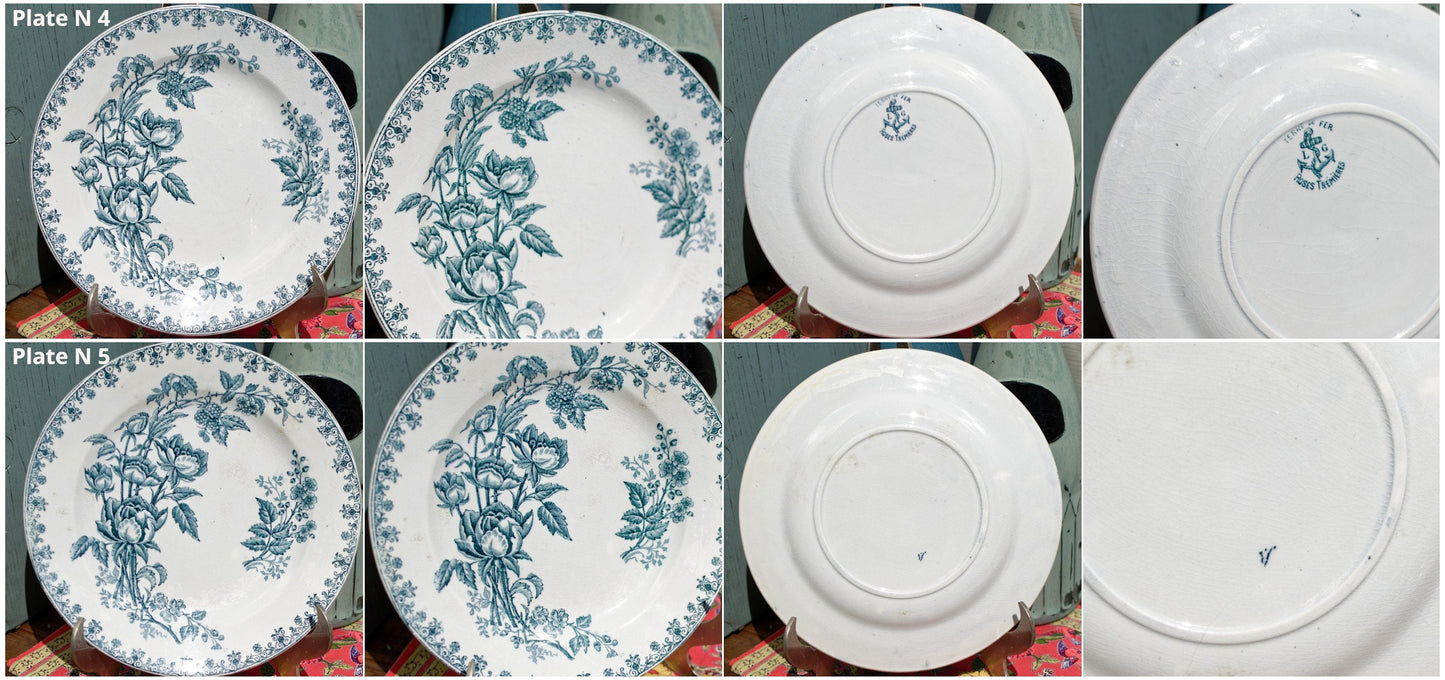 French Ironstone Blue Transferware Plate Terre de Fer Rose Trimiere LG Léon Graves Clairefontaine France
