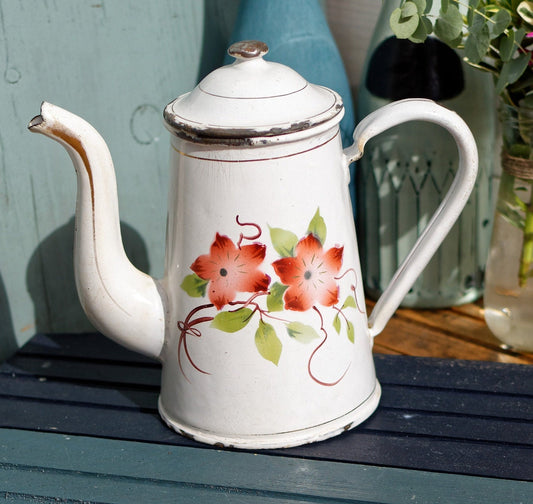 French Enamel Floral Cafetiere Coffee Pot