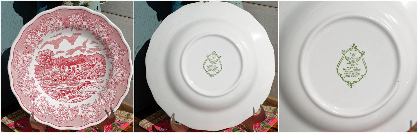 Italian Ironstone Red Transferware Soup Plate N. FONTEBASSO 1760 N.F. Terraglia Forte English Landscape Fabrique en Italie