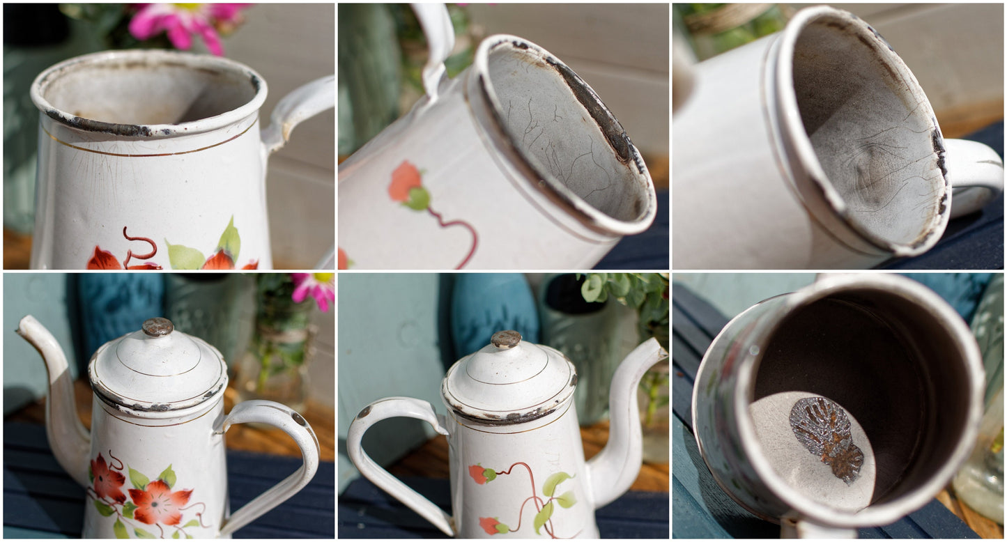 French Enamel Floral Cafetiere Coffee Pot