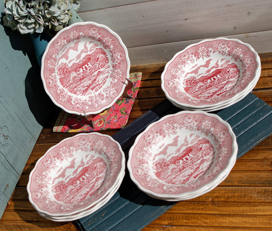 Italian Ironstone Red Transferware Soup Plate N. FONTEBASSO 1760 N.F. Terraglia Forte English Landscape Fabrique en Italie