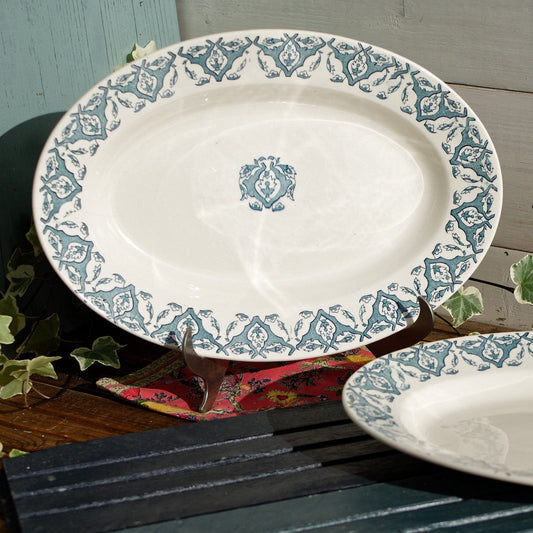 French Ironstone Blue Transferware Oval Serving Plate LONGWY RHODES Terre de Fer