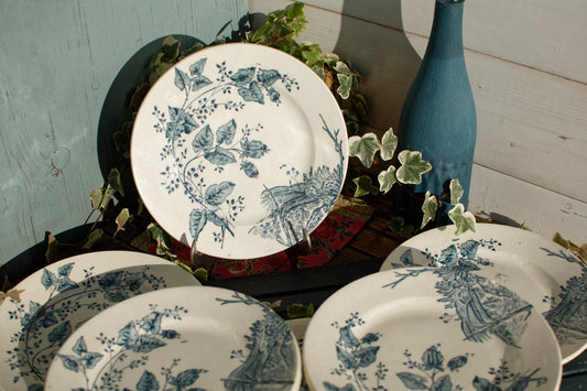 1880年代~「BOUTRAS」SALINS~フランスアンティーク アイアンストーンブルー トランスファーウェア ディナープレート~テール・ド・フェール