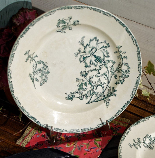 1800s ~ "DATURA" JULES VIEILLARD, Bordeaux ~ French Antique Ironstone Green Transferware Soup Plate ~ Terre de Fer