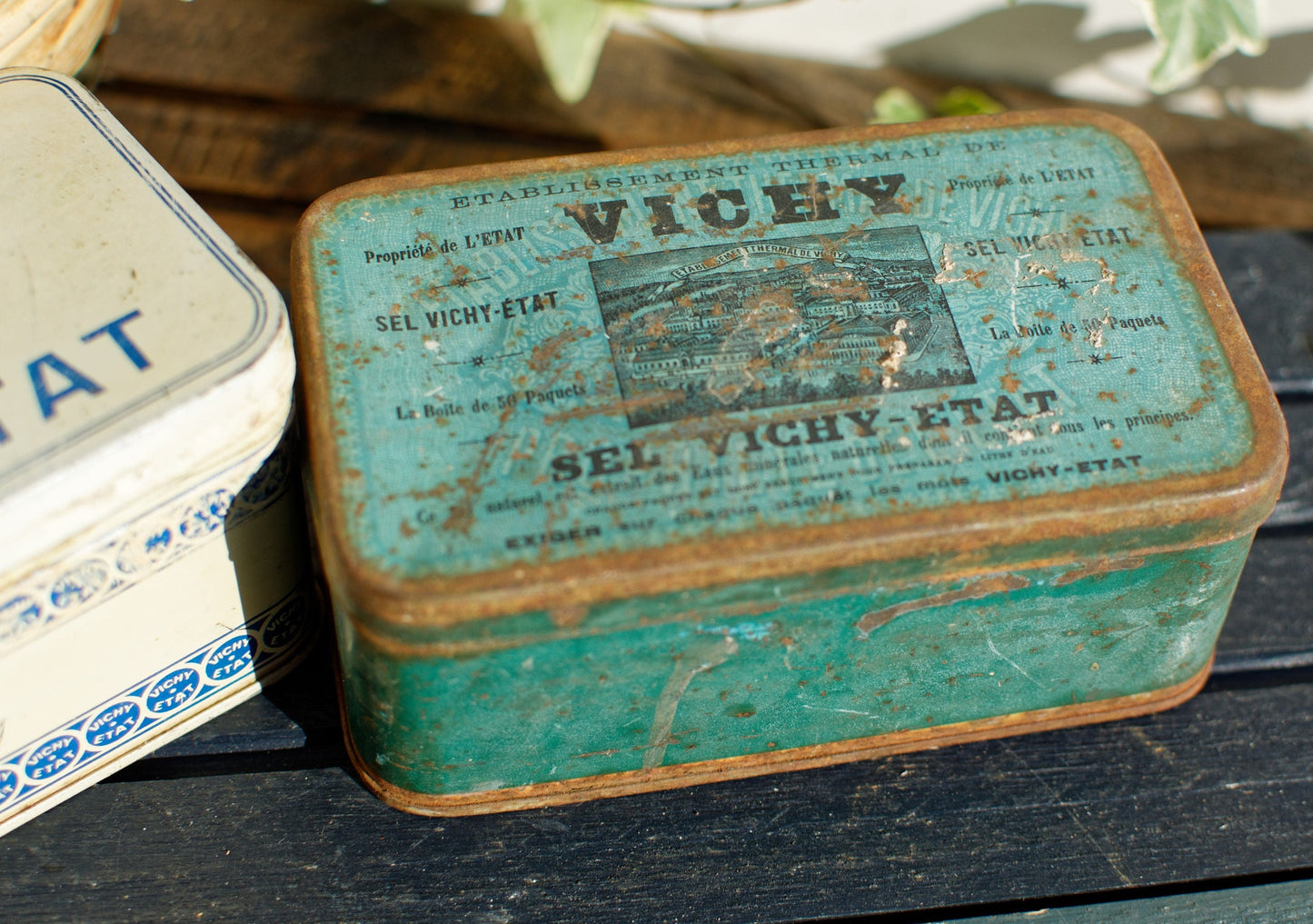 French Vintage Aluminum Collectible Advertising Tin Bin Box ~ Advertising Box