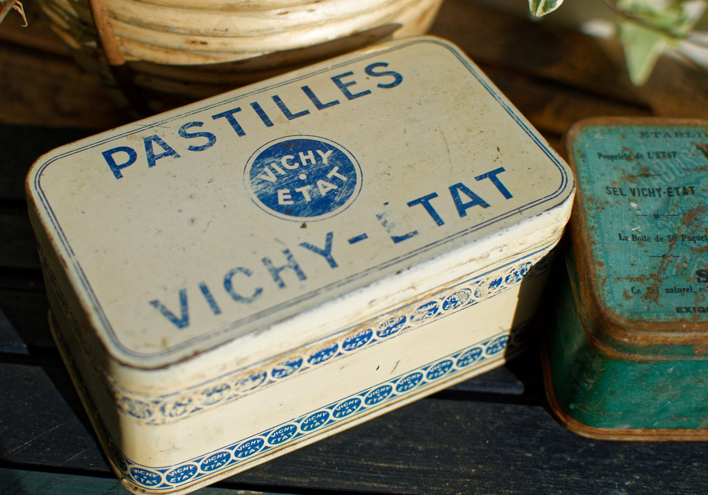 French Vintage Aluminum Collectible Advertising Tin Bin Box ~ Advertising Box