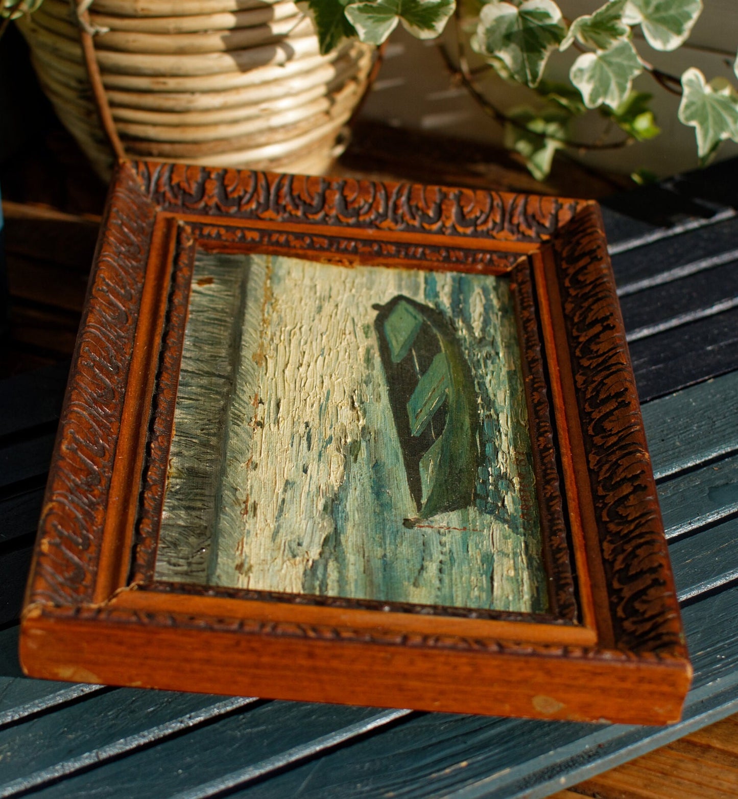 French Vintage Antique Small Wooden Framed Oil Painting of a boat scene Signed by Artist CORDIER B