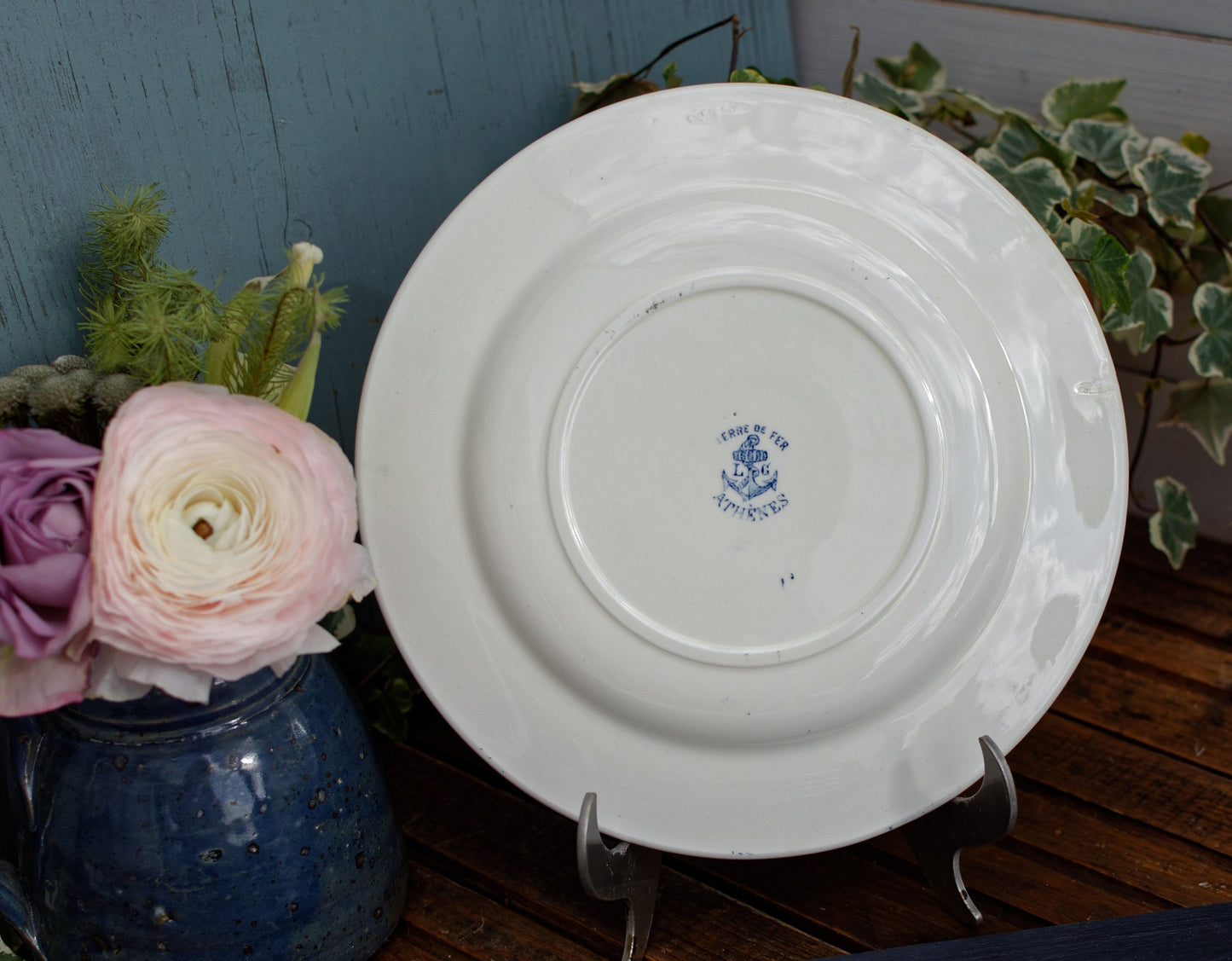 French Ironstone Blue Transferware Plate Athenes Terre de Fer LG Léon Graves Clairefontaine