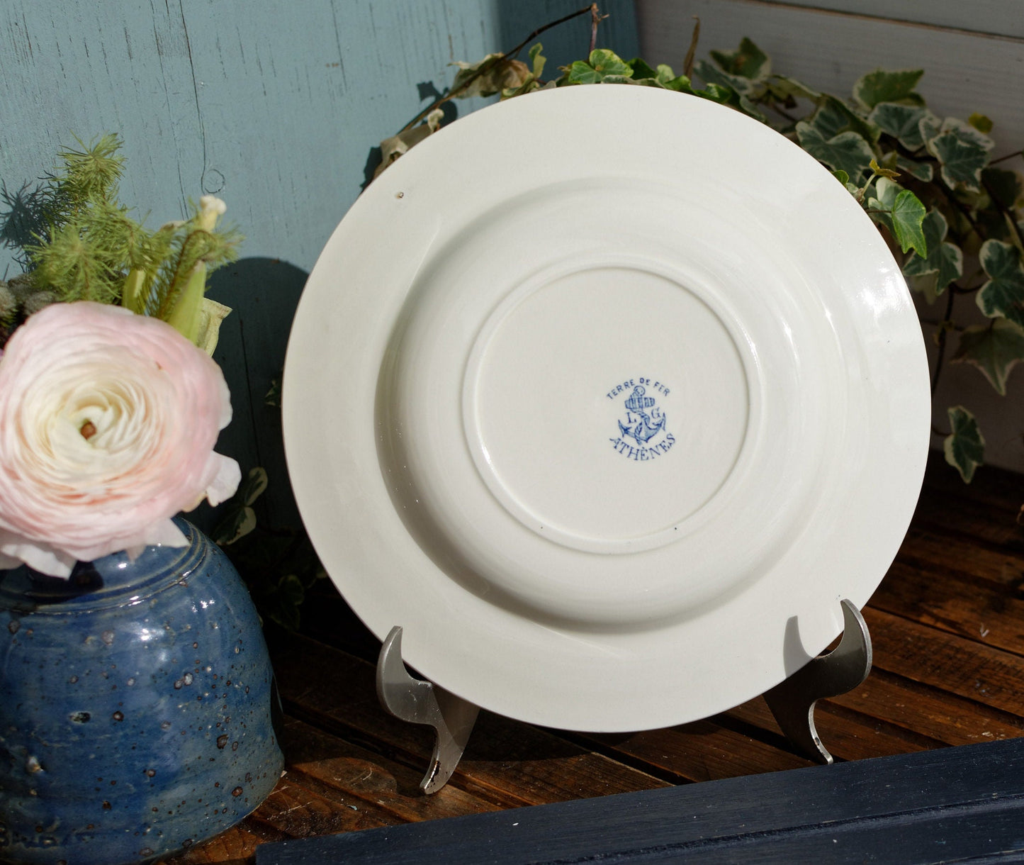 French Ironstone Blue Transferware Plate Athenes Terre de Fer LG Léon Graves Clairefontaine