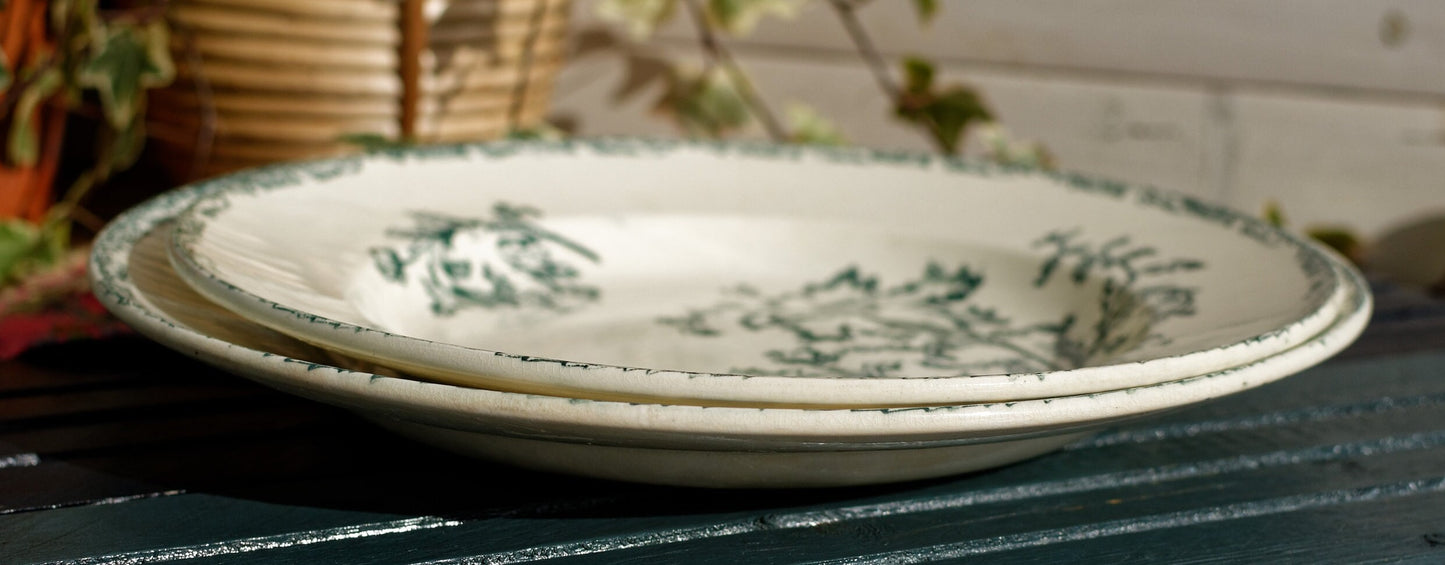 1800s ~ "DATURA" JULES VIEILLARD, Bordeaux ~ French Antique Ironstone Green Transferware Soup Plate ~ Terre de Fer