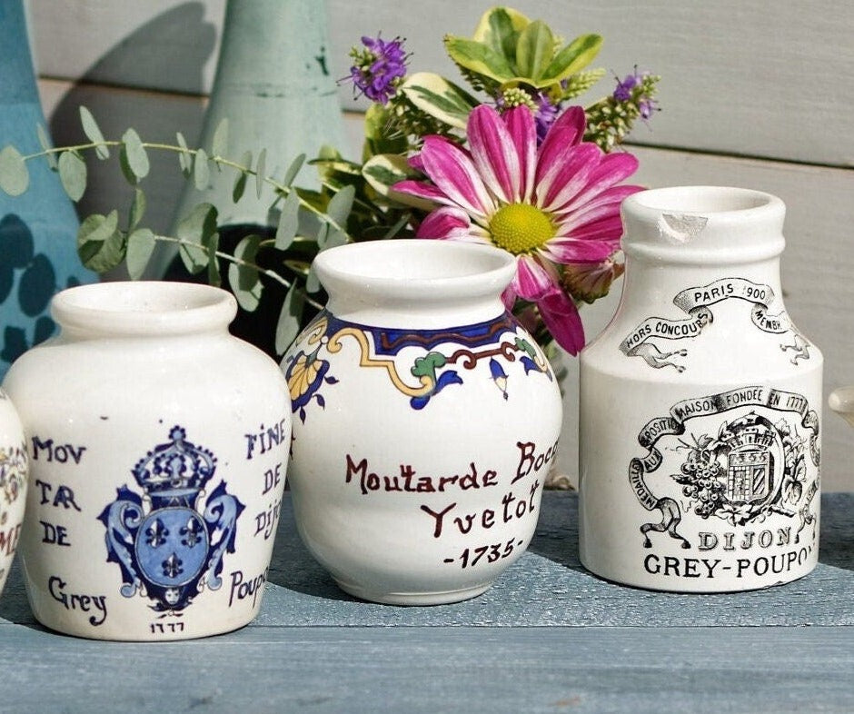 French Stoneware Mustard Pot Collective Jar Dijoin Grey Poupon Pot 1777 DIJON Digoin Sarreguemines France
