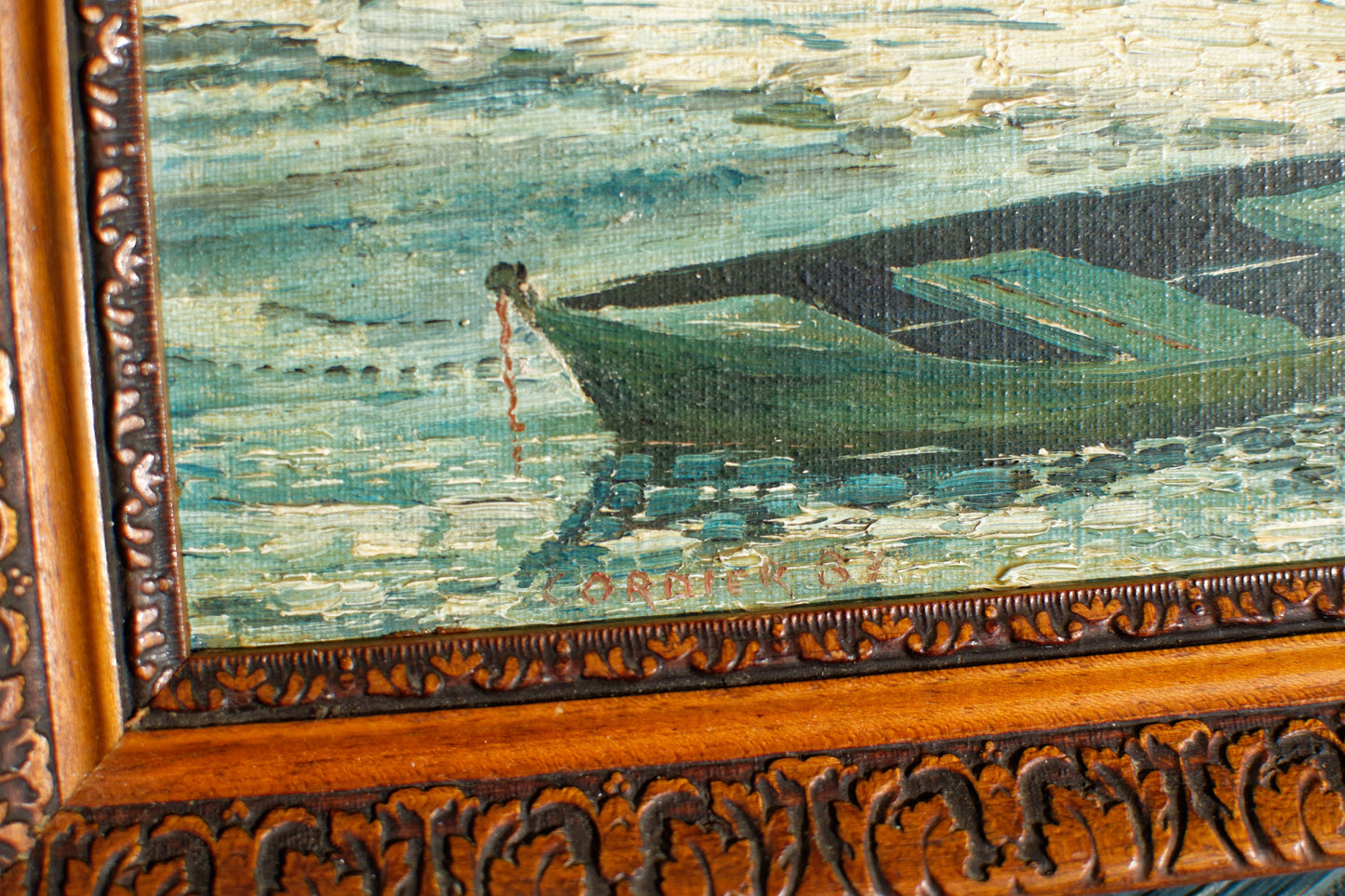 French Vintage Antique Small Wooden Framed Oil Painting of a boat scene Signed by Artist CORDIER B