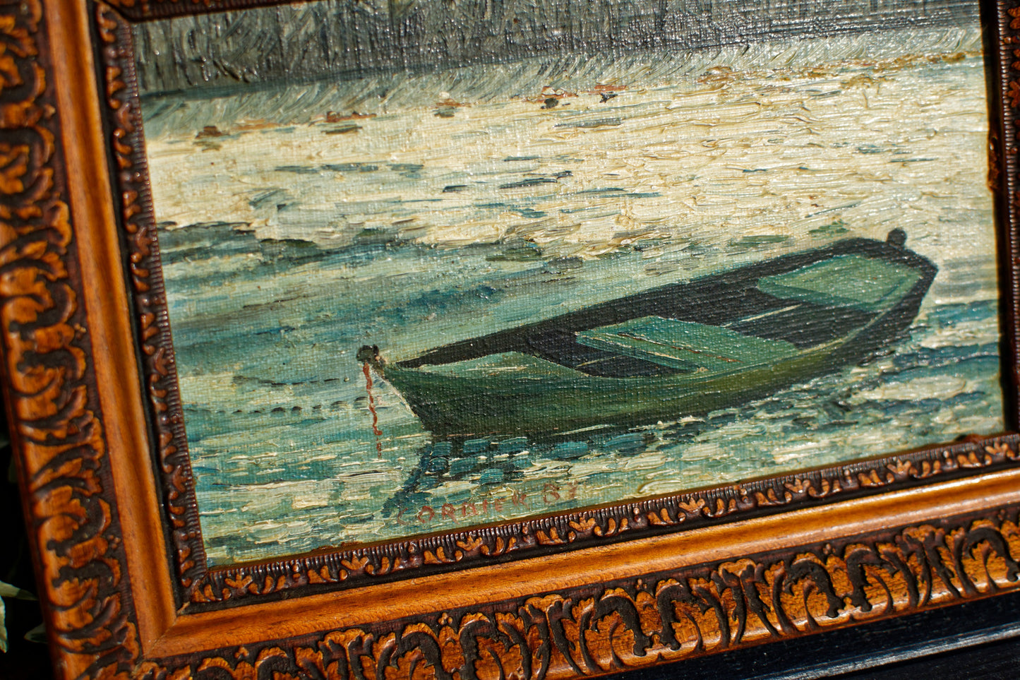 French Vintage Antique Small Wooden Framed Oil Painting of a boat scene Signed by Artist CORDIER B