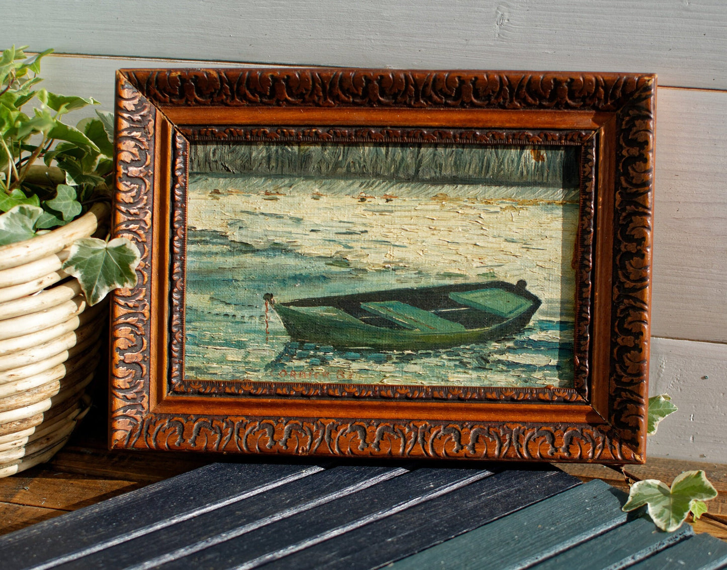 French Vintage Antique Small Wooden Framed Oil Painting of a boat scene Signed by Artist CORDIER B
