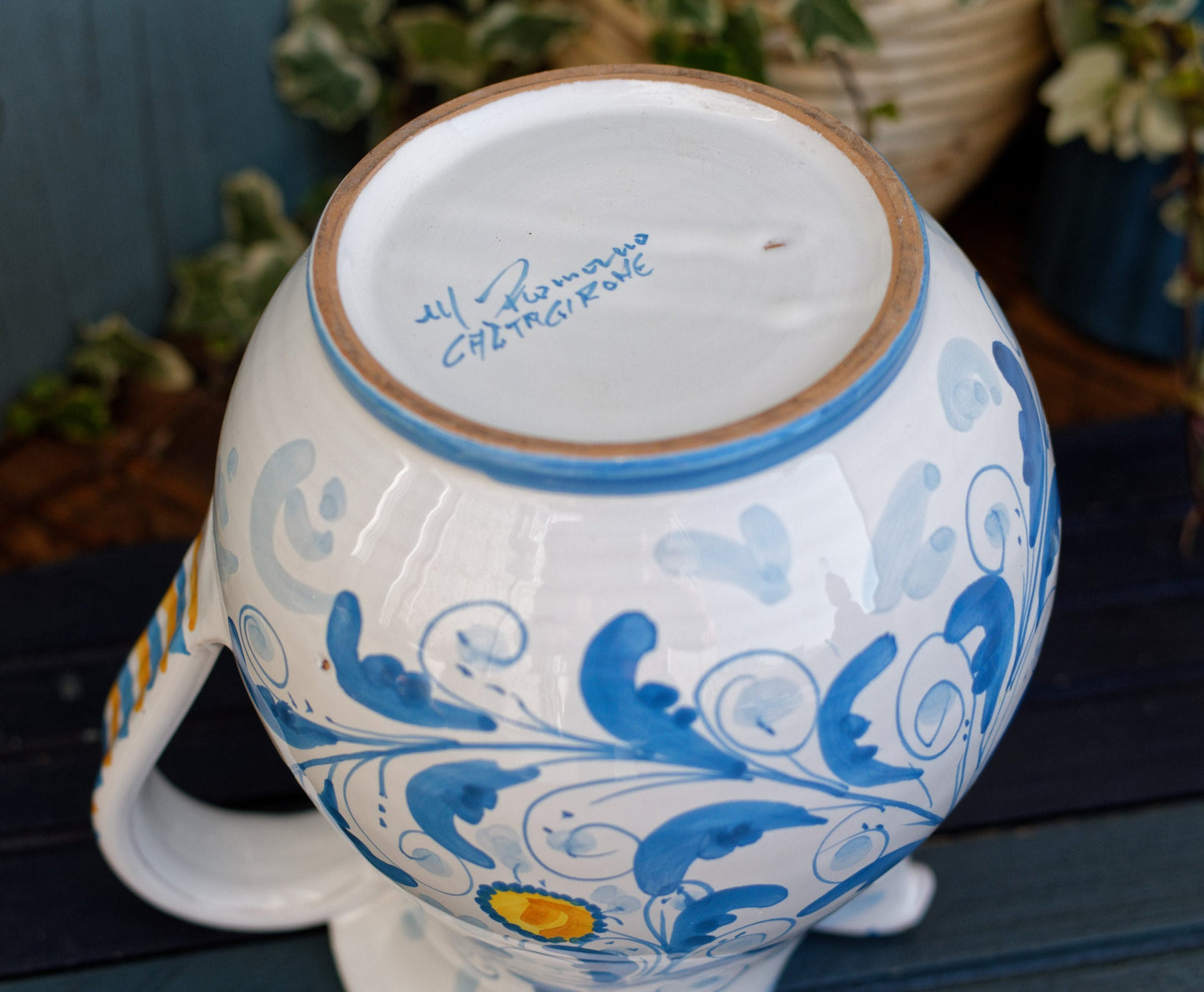 French Vintage Hand-Painted Porcelain Pitcher Fait Main Art Faience signed by the artist