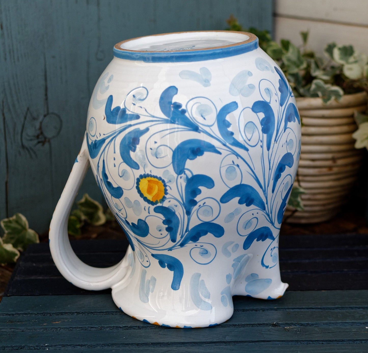 French Vintage Hand-Painted Porcelain Pitcher Fait Main Art Faience signed by the artist