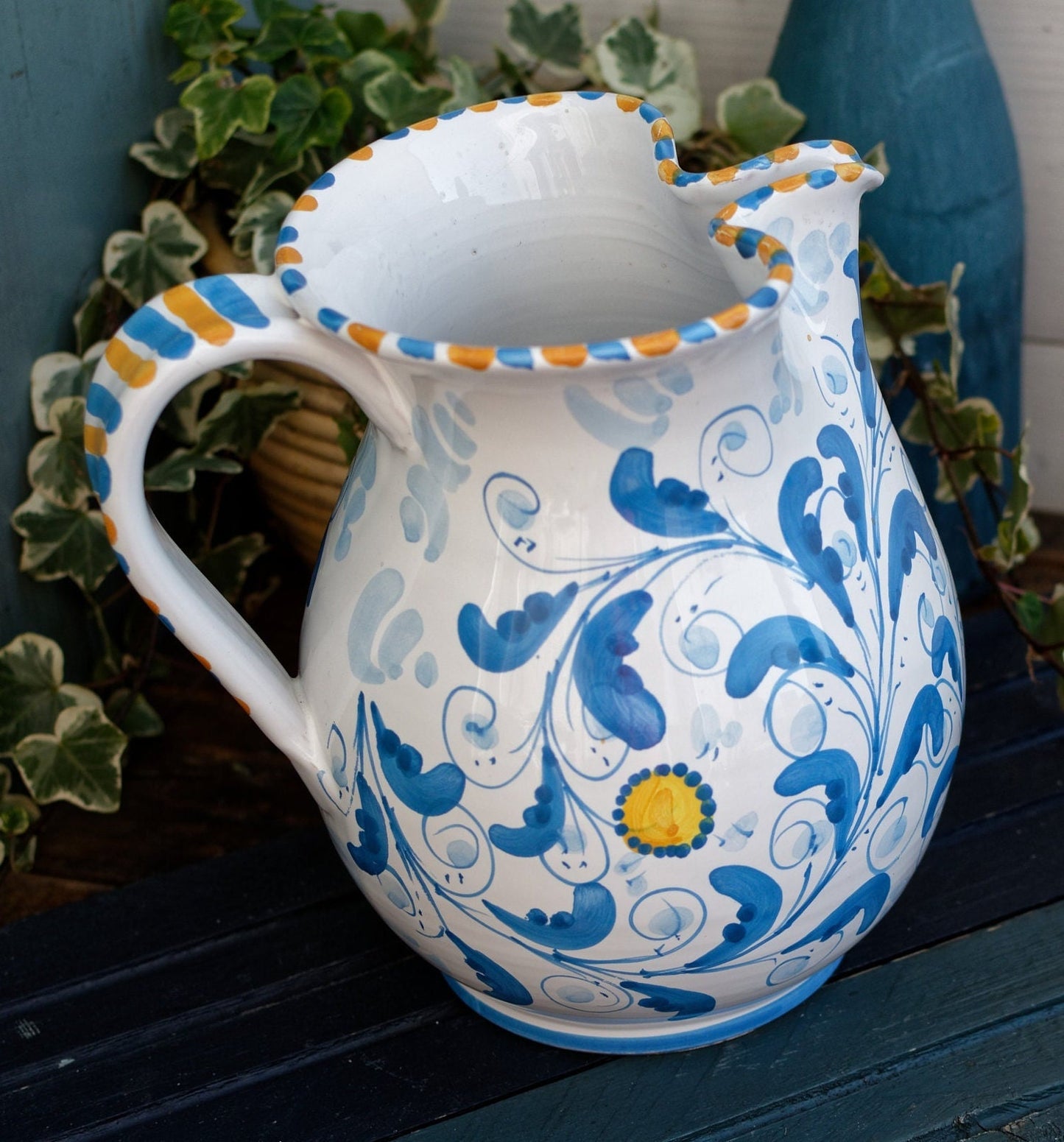 French Vintage Hand-Painted Porcelain Pitcher Fait Main Art Faience signed by the artist