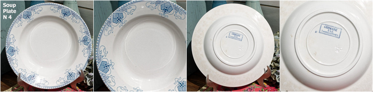 French Ironstone Blue Transferware Soup Plate GERMAINE France Sarreguemines U&C Terre de Fer