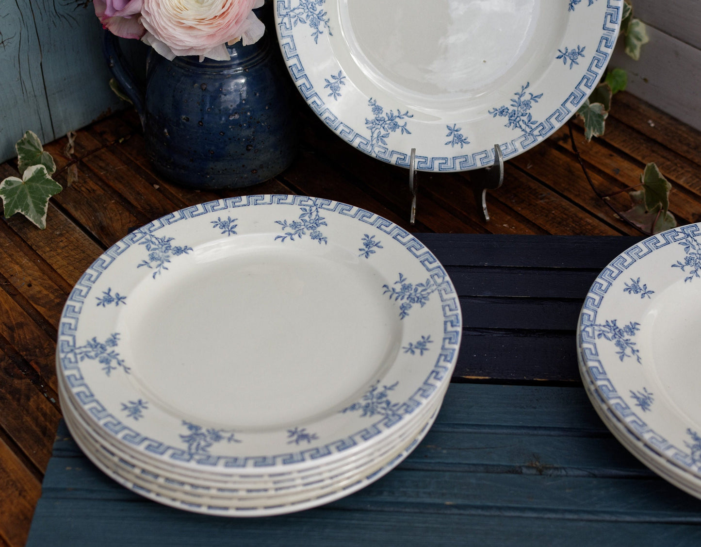 French Ironstone Blue Transferware Plate Athenes Terre de Fer LG Léon Graves Clairefontaine