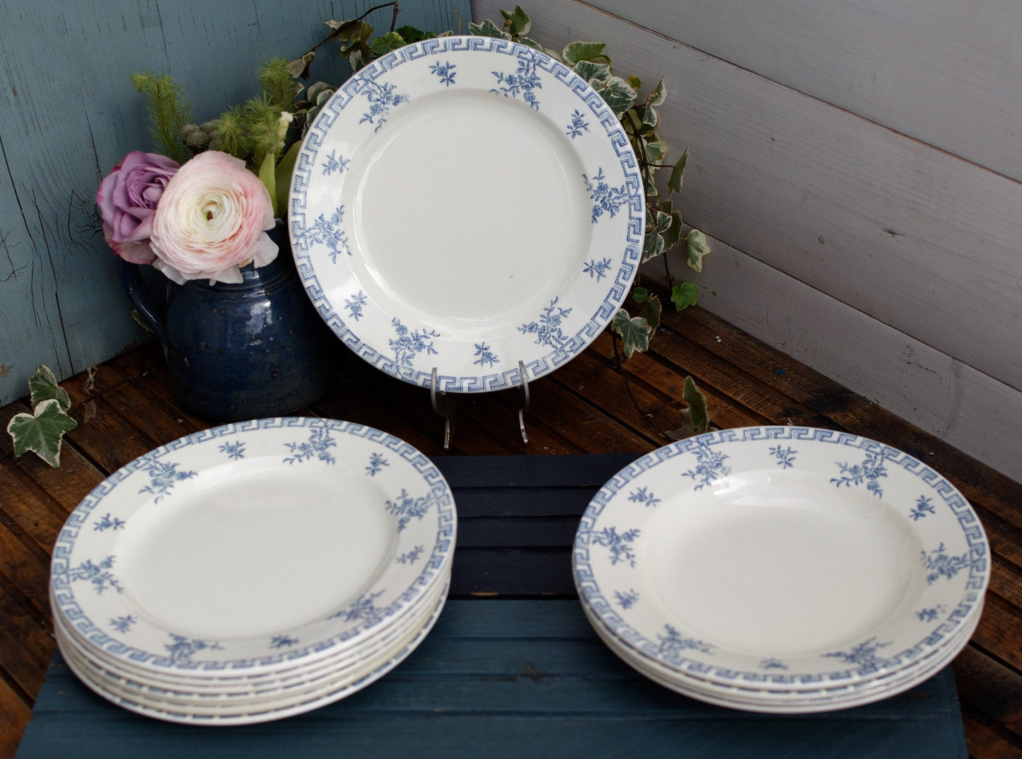 French Ironstone Blue Transferware Plate Athenes Terre de Fer LG Léon Graves Clairefontaine