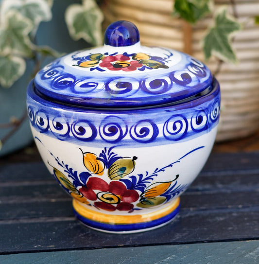 French Hand-Painted Faïence Porcelain Condiment Sauce Pot with Lid or Mustard Pot Peint a la Main