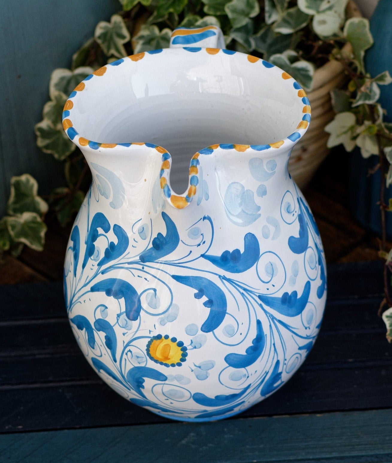 French Vintage Hand-Painted Porcelain Pitcher Fait Main Art Faience signed by the artist