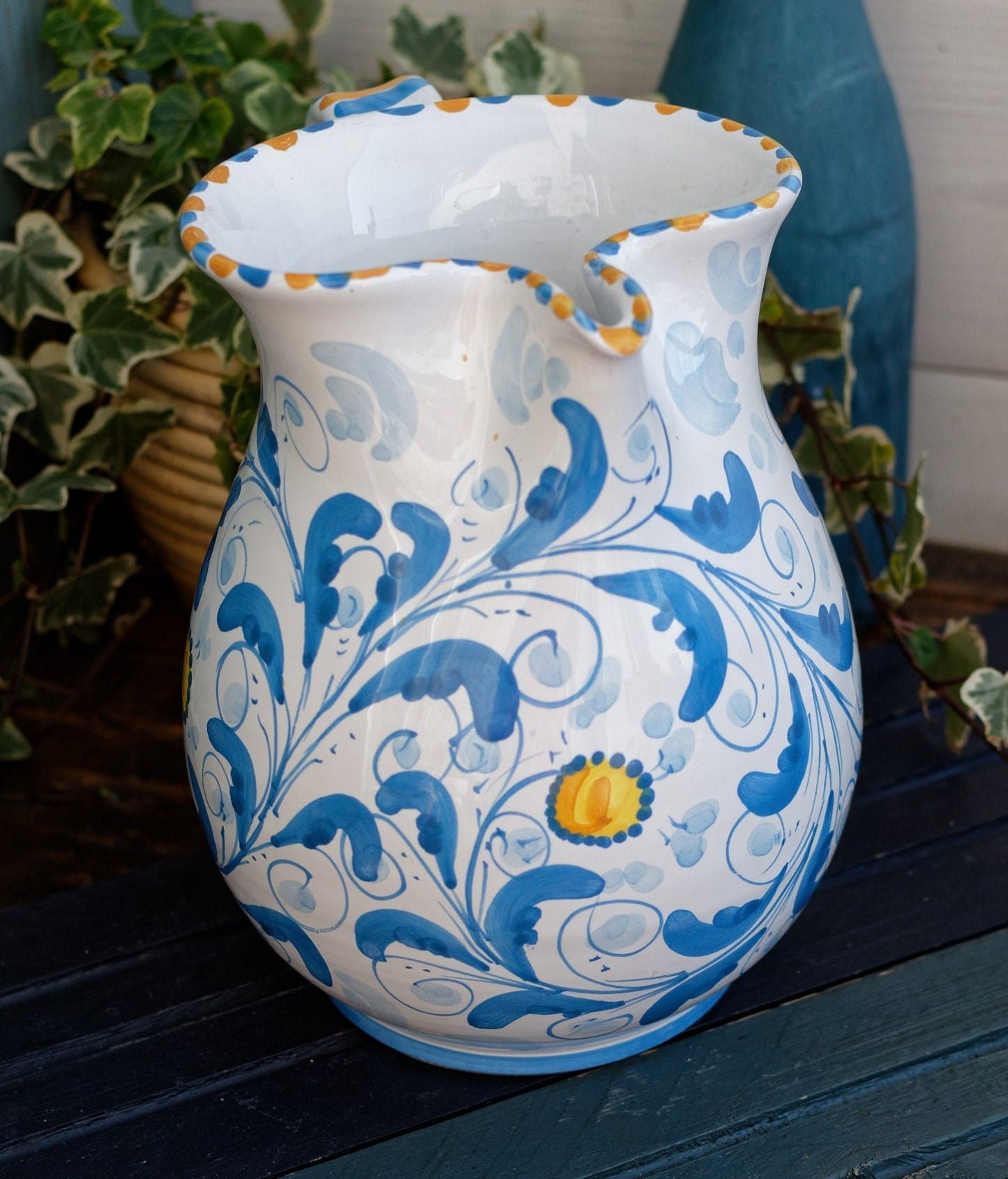 French Vintage Hand-Painted Porcelain Pitcher Fait Main Art Faience signed by the artist