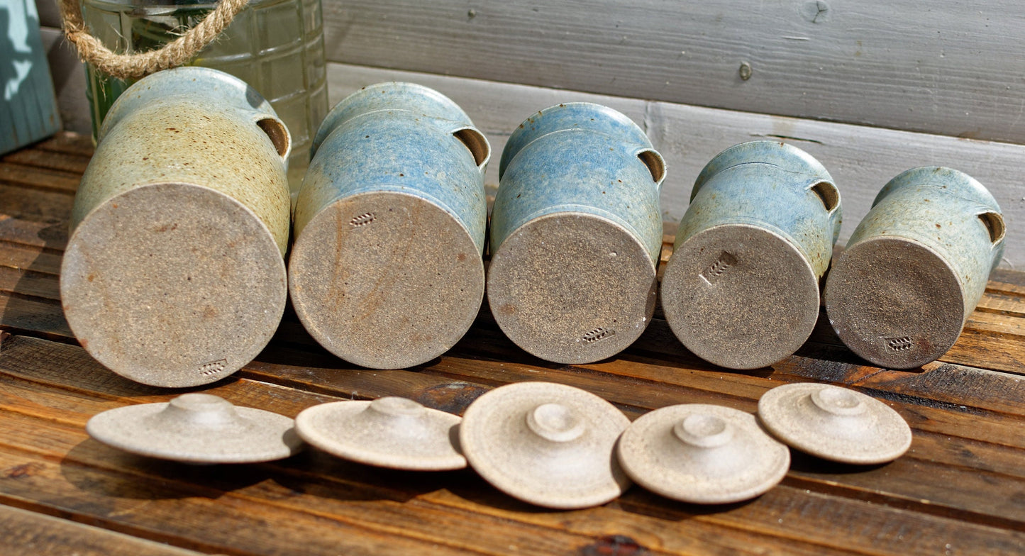 French Handmade Wood Fired Clay Pots Set of 5 Ceramic Lidded Jars